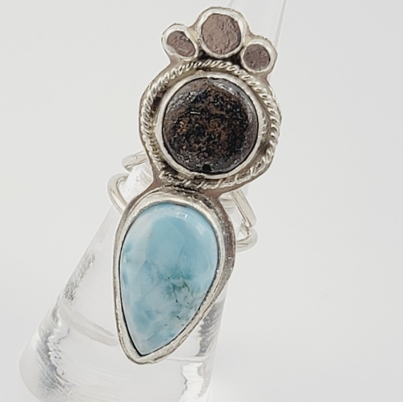 LARIMAR & BRONZITE HANDMADE RING IN STERLING SILVER METAL SIZE 7.5 - Picture 3 of 6